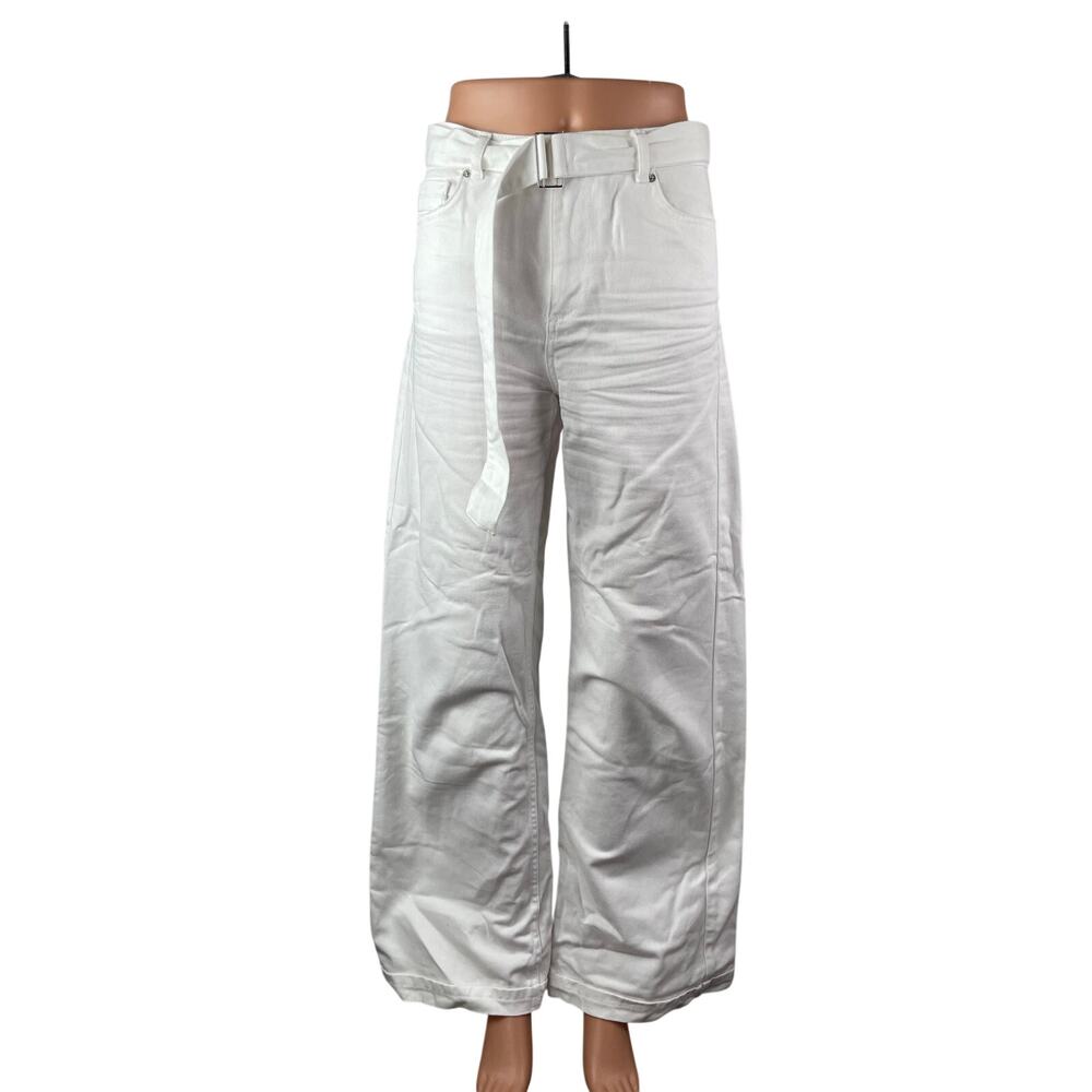 Zara Women's White High Waisted Belted Wide Leg Baggy Palazzo Denim Jeans Size 4